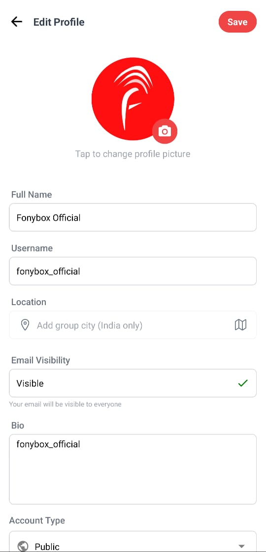 fonybox app showing the user profile edit screen