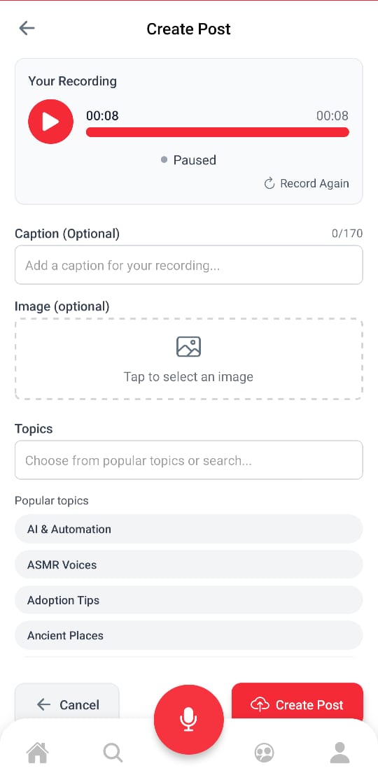 fonybox app showing the audio recording screen